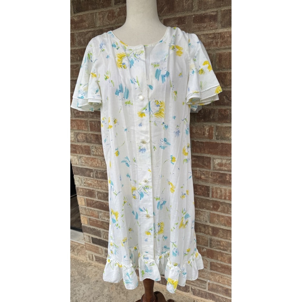 Vtg House Coat Robe Patio Mumu Dress Button Flutter Sleeve Floral Medium FLAW